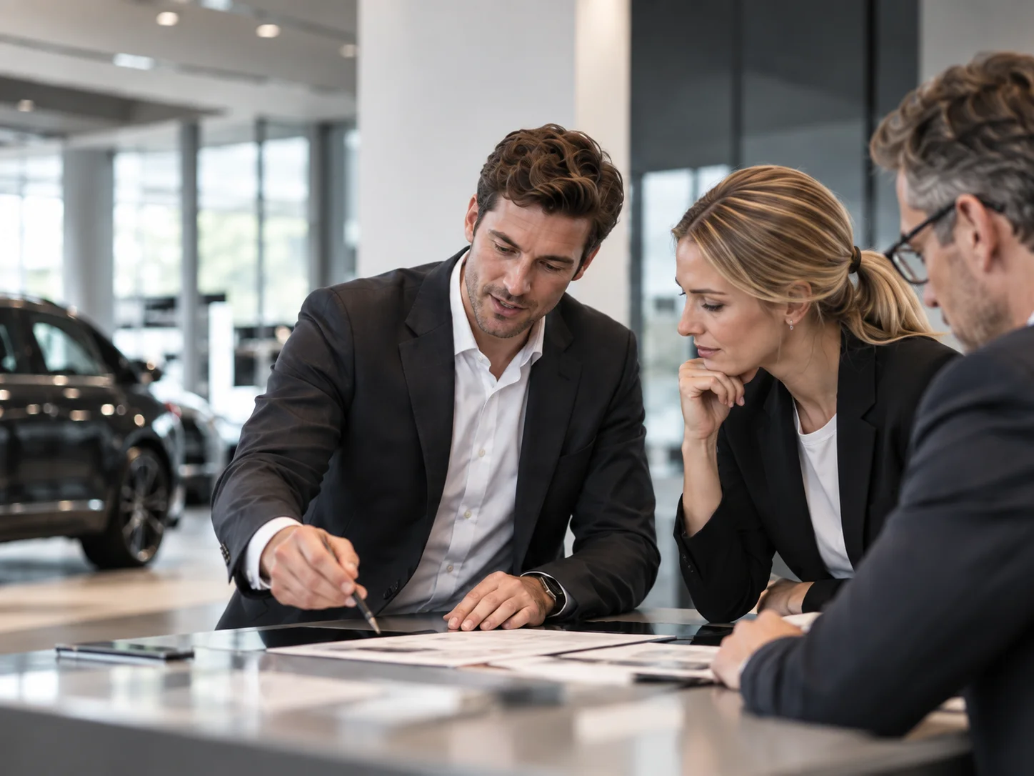 Drei Personen besprechen Strategieunterlagen an einem Tisch im Autohaus.