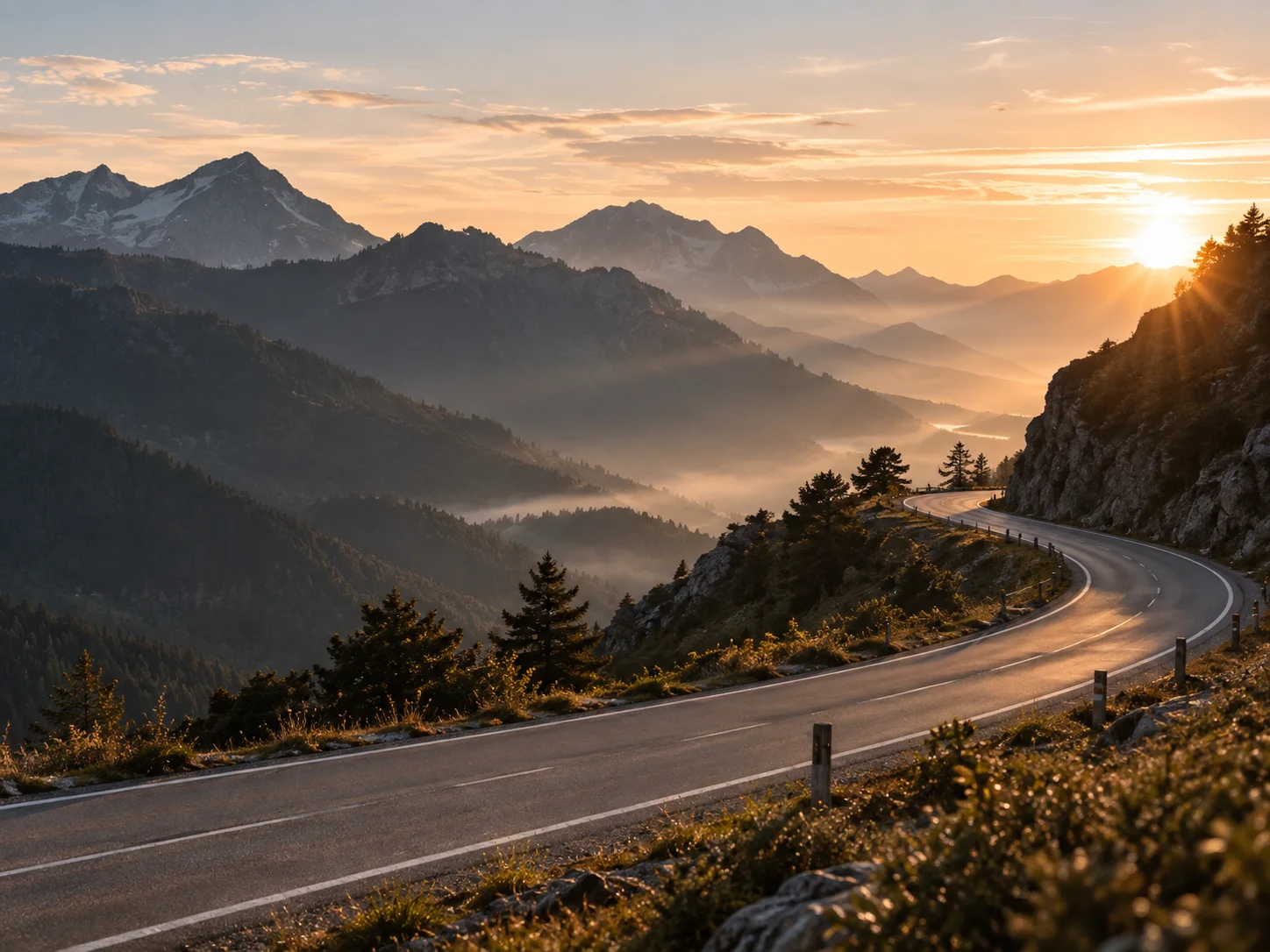 Kurvenreiche Bergstraße im warmen Abendlicht mit Blick auf die Berglandschaft.
